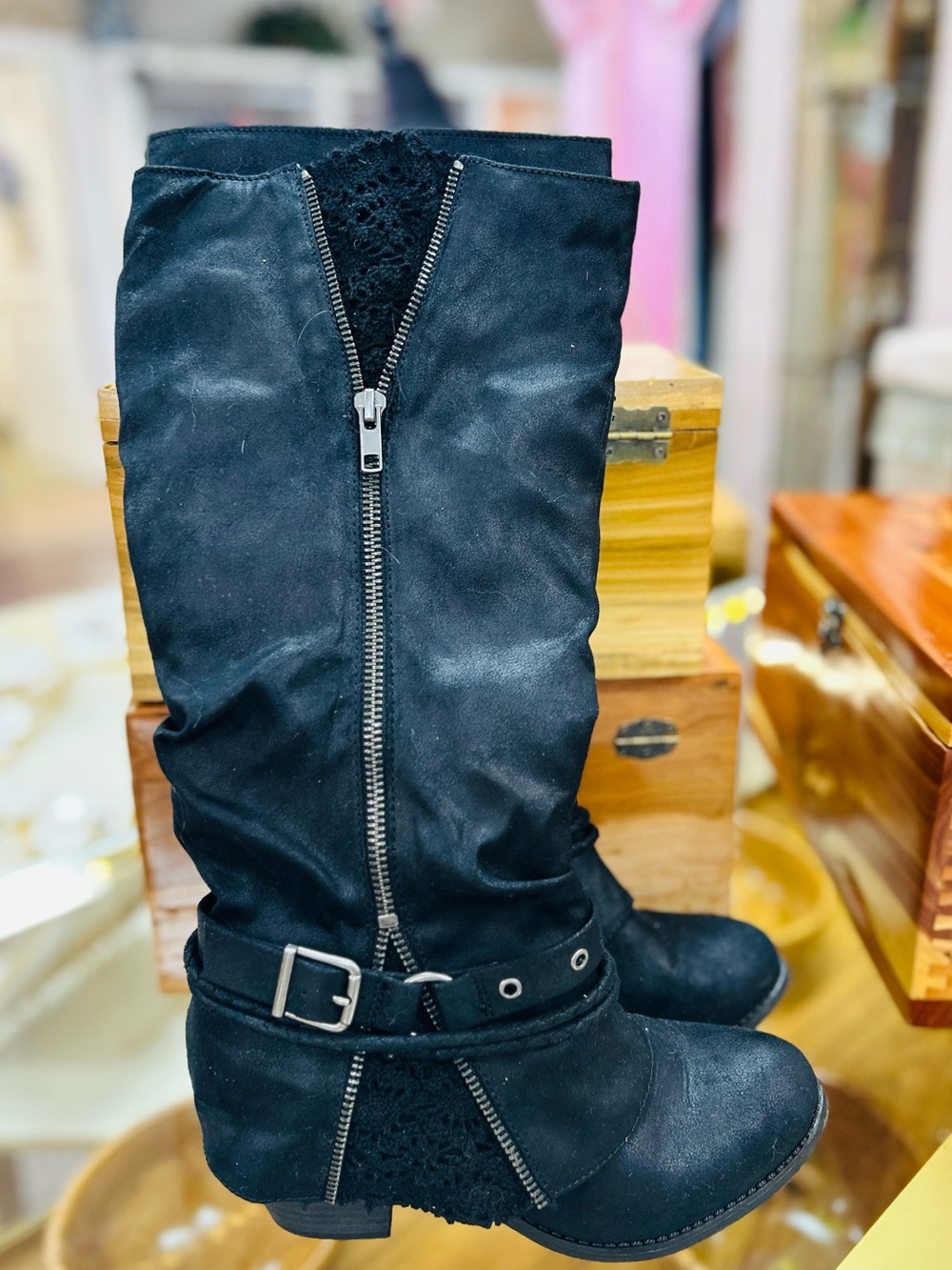 Women’s Black Mid-Calf Zip & Buckle Boots